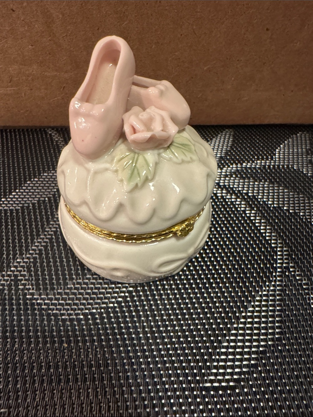 Porcelain Trinket Box with Pink Ballet Slippers & Rose Accent